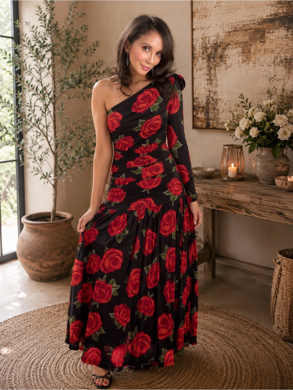 FARM Rio One-Shoulder Black Maxi Dress with Red Rose Print